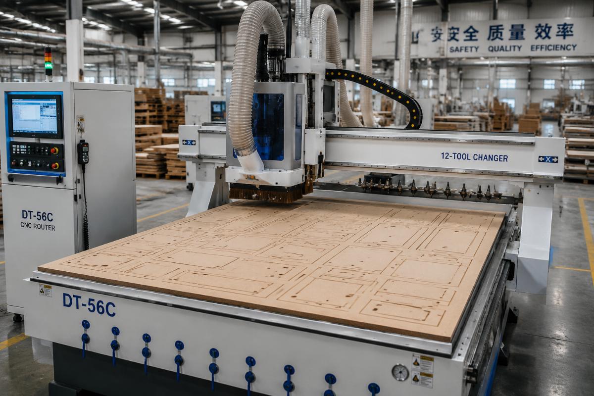 12-tool changer CNC router running nested cutting for MDF panel production at a mid-sized furniture factory