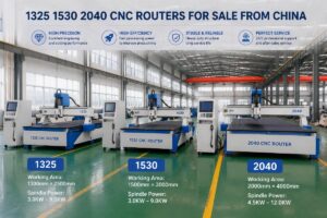 Three models of 1325, 1530 and 2040 CNC routers displayed in a factory production hall