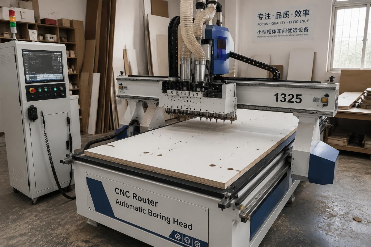 A 1325 CNC router with automatic boring head running cabinet panel processing in a small workshop