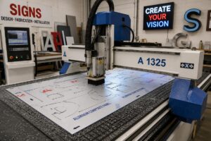 A 1325 CNC router cutting aluminum composite panel in a sign workshop