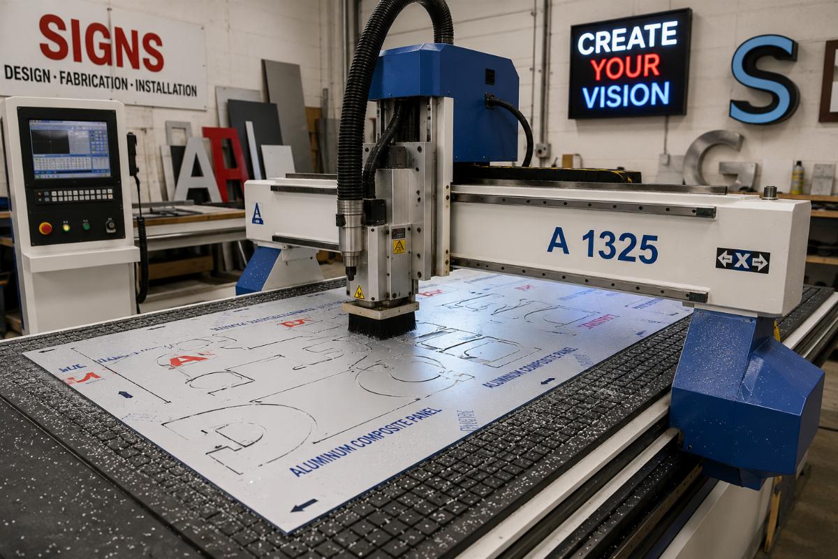 A 1325 CNC router cutting aluminum composite panel in a sign workshop