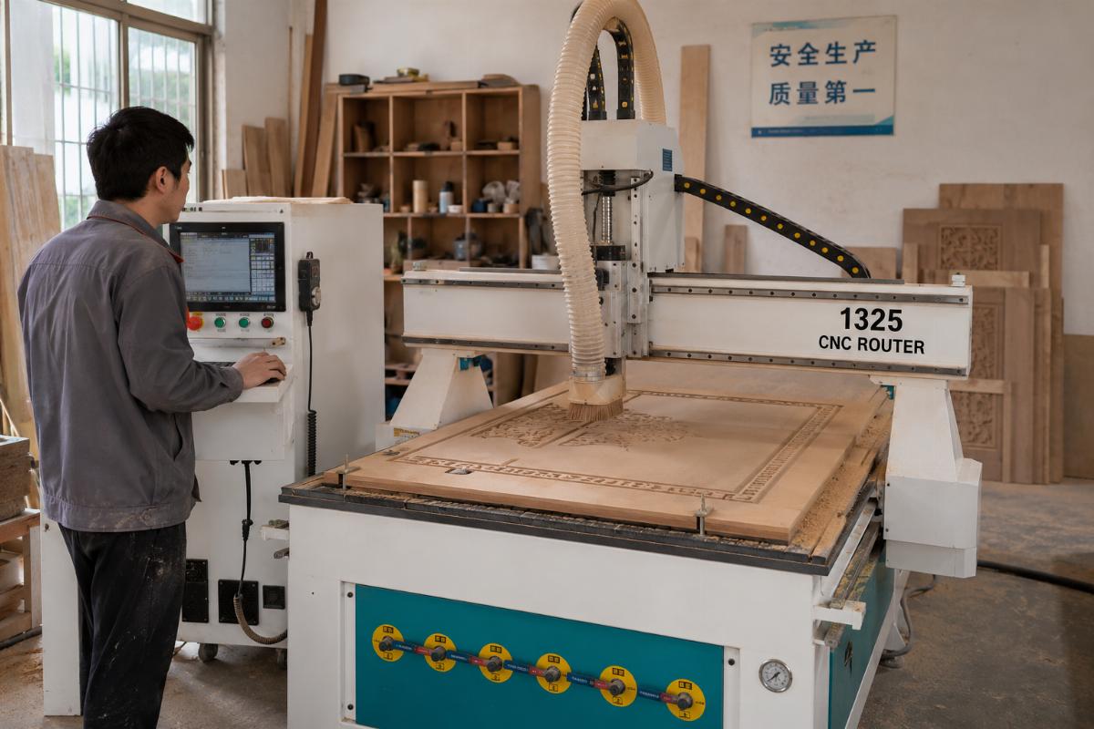 1325 CNC router for small custom workshops Workers operating a 1325 CNC router in a small woodworking workshop