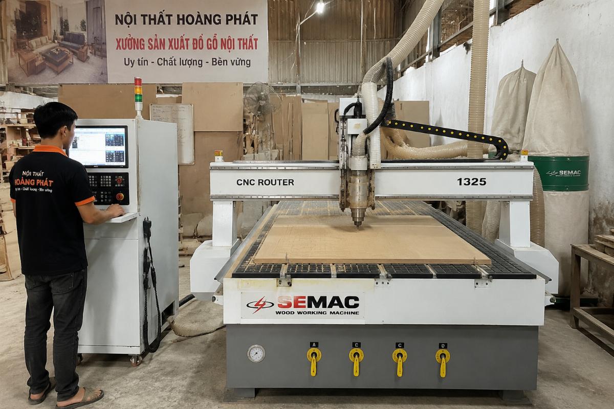 1325 Complete Package CNC Router in active production 1325 complete package CNC router operating in a small custom furniture workshop in Vietnam