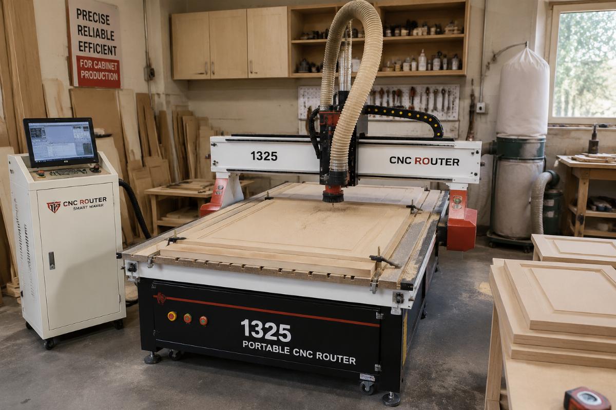 1325 working area portable CNC router processing a standard cabinet panel in a compact workshop
