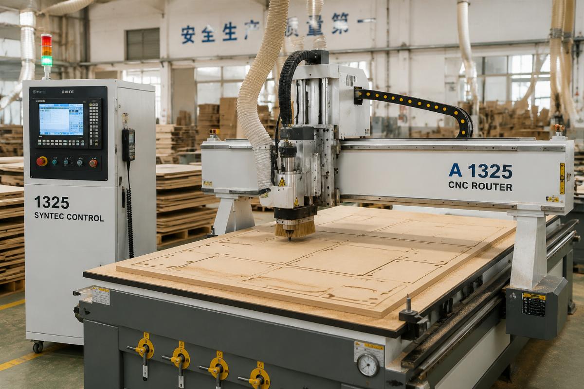 1325 Syntec CNC router in woodworking production A 1325 Syntec control CNC router cutting wood panels in a furniture factory