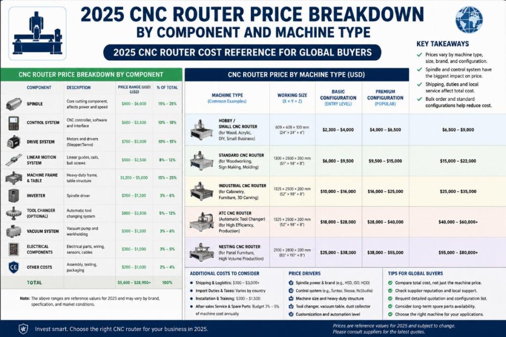 2025 CNC router price breakdown by component and machine type