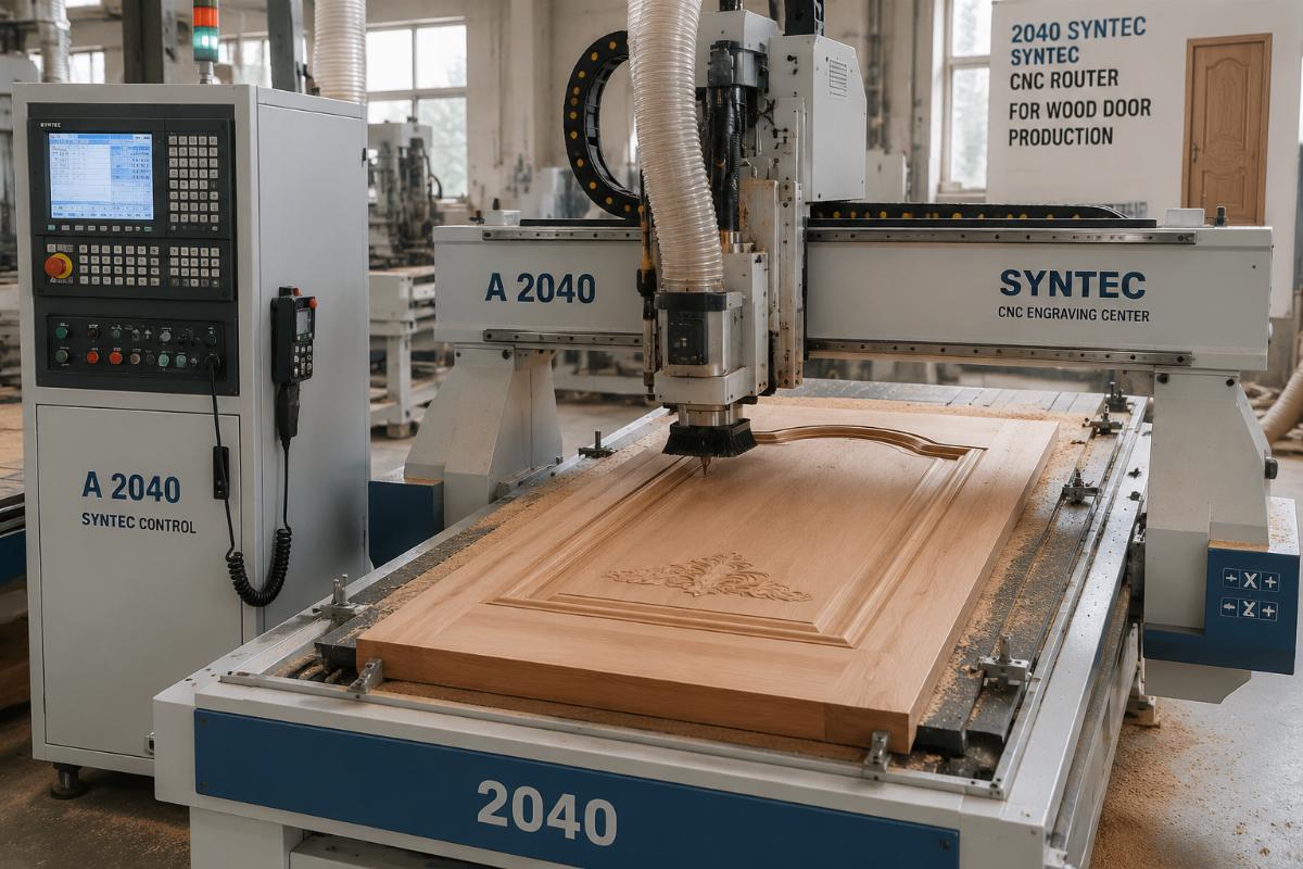 2040 Syntec CNC router for wood door production A 2040 Syntec control CNC engraving center processing solid wood doors