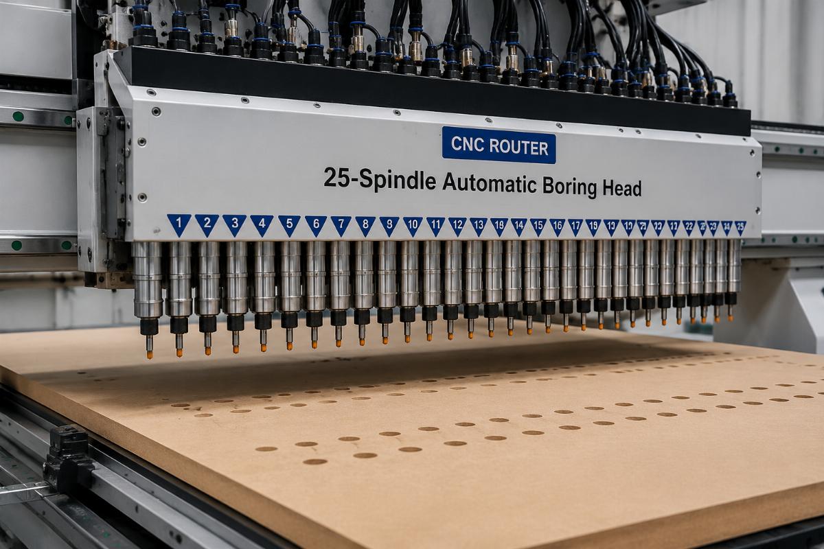 Close up of 25-spindle automatic boring head on a CNC router working on a MDF panel