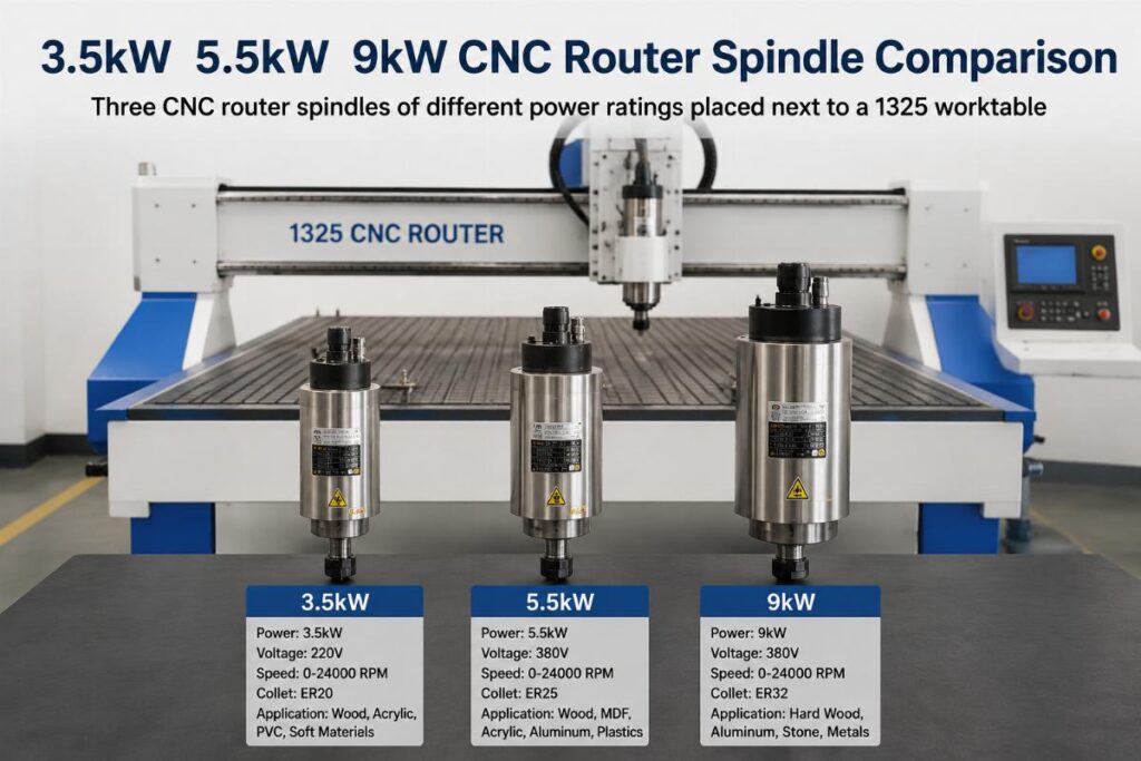 Three CNC router spindles of different power ratings placed next to a 1325 worktable