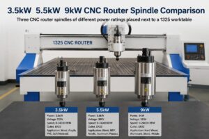 Three CNC router spindles of different power ratings placed next to a 1325 worktable