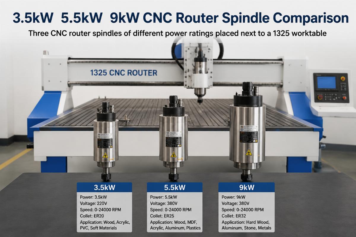 3.5kW 5.5kW 9kW CNC router spindle comparison Three CNC router spindles of different power ratings placed next to a 1325 worktable