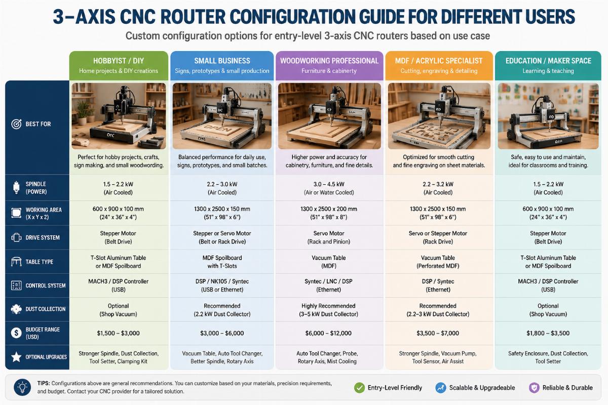 Custom configuration options for entry-level 3-axis CNC routers based on use case