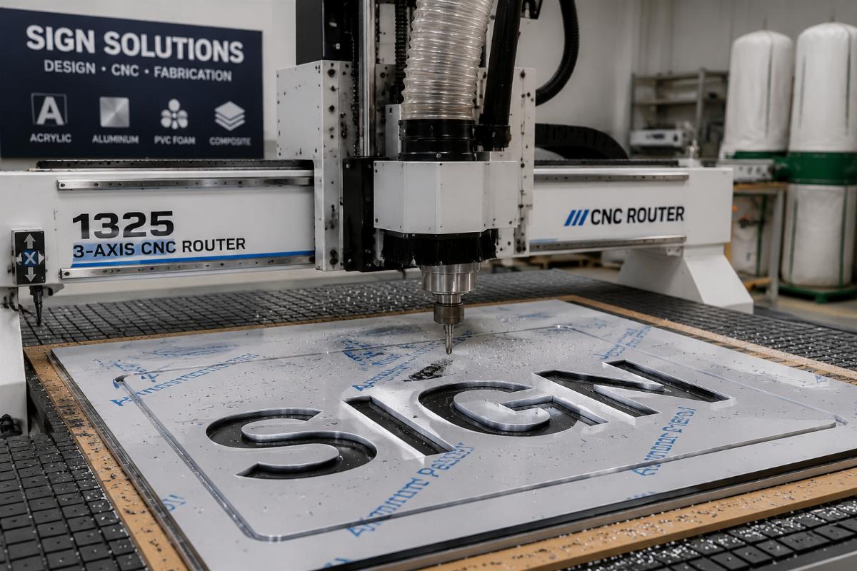 1325 3-axis CNC router processing acrylic and aluminum composite panels for sign production