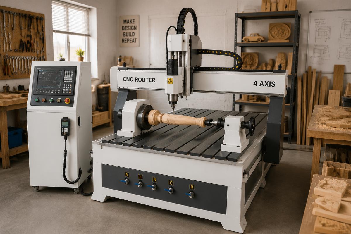 An entry-level 4-axis CNC router set up in a small startup woodworking workshop