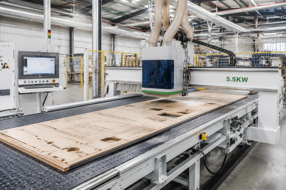 5.5kW spindle nested production line for panel furniture Panel furniture nesting operation running on a 5.5kW spindle CNC line
