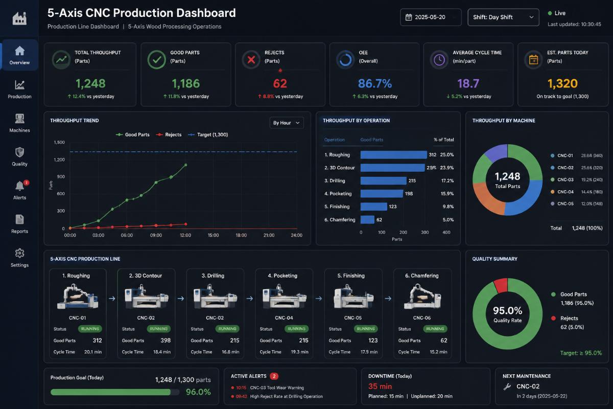 Production line dashboard showing throughput metrics for 5-axis wood processing operations