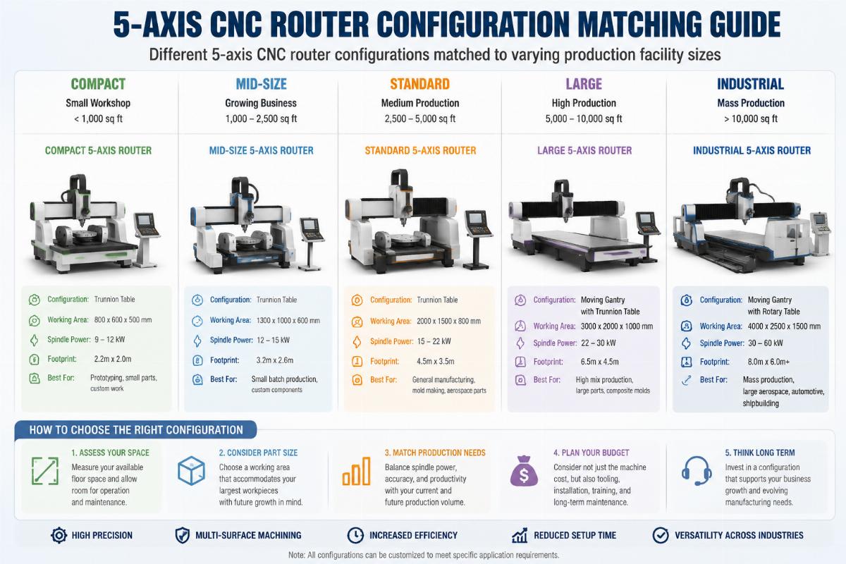 Different 5-axis CNC router configurations matched to varying production facility sizes