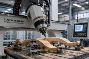 A 5-axis CNC router processing complex curved wood components in a production facility