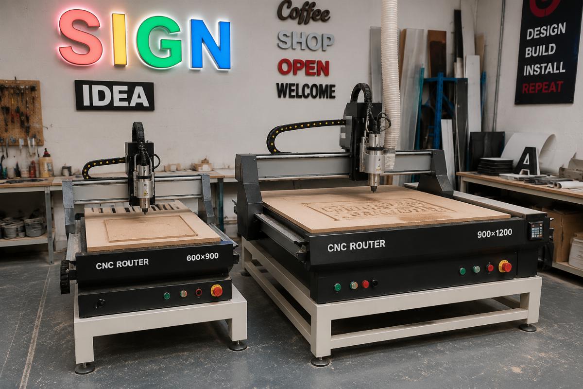 Two small CNC routers of 600×900 and 900×1200 specifications placed in a sign making workshop