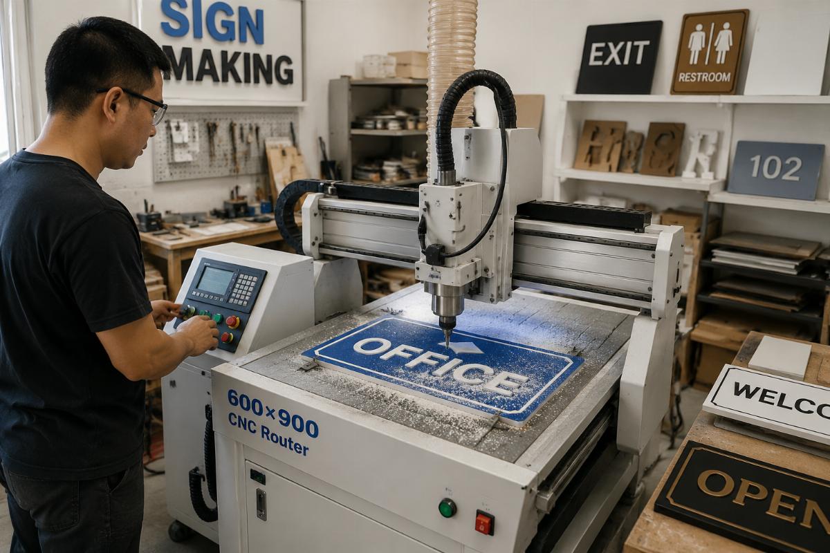 A worker operating a 600×900 small CNC router in a small sign making workshop