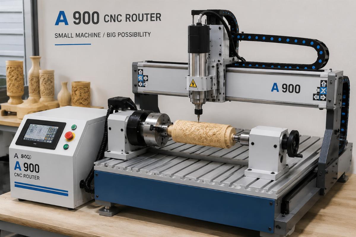 A 900×1200 small CNC router with customized rotary axis processing cylindrical craft workpieces