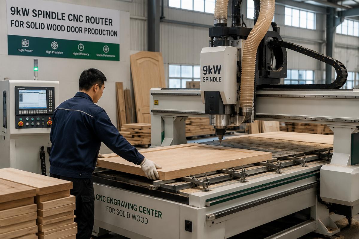 9kW spindle CNC router for solid wood door production Workshop operator loading solid wood blanks into a CNC engraving center with 9kW spindle