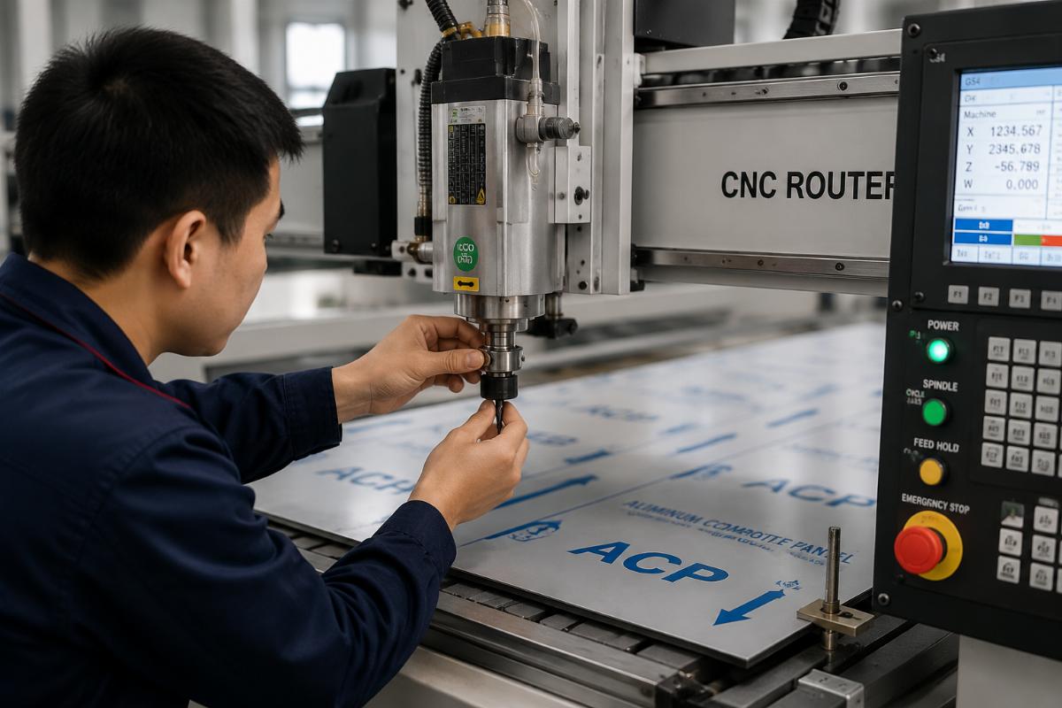 Operator adjusting spindle settings on a CNC router for ACP cutting