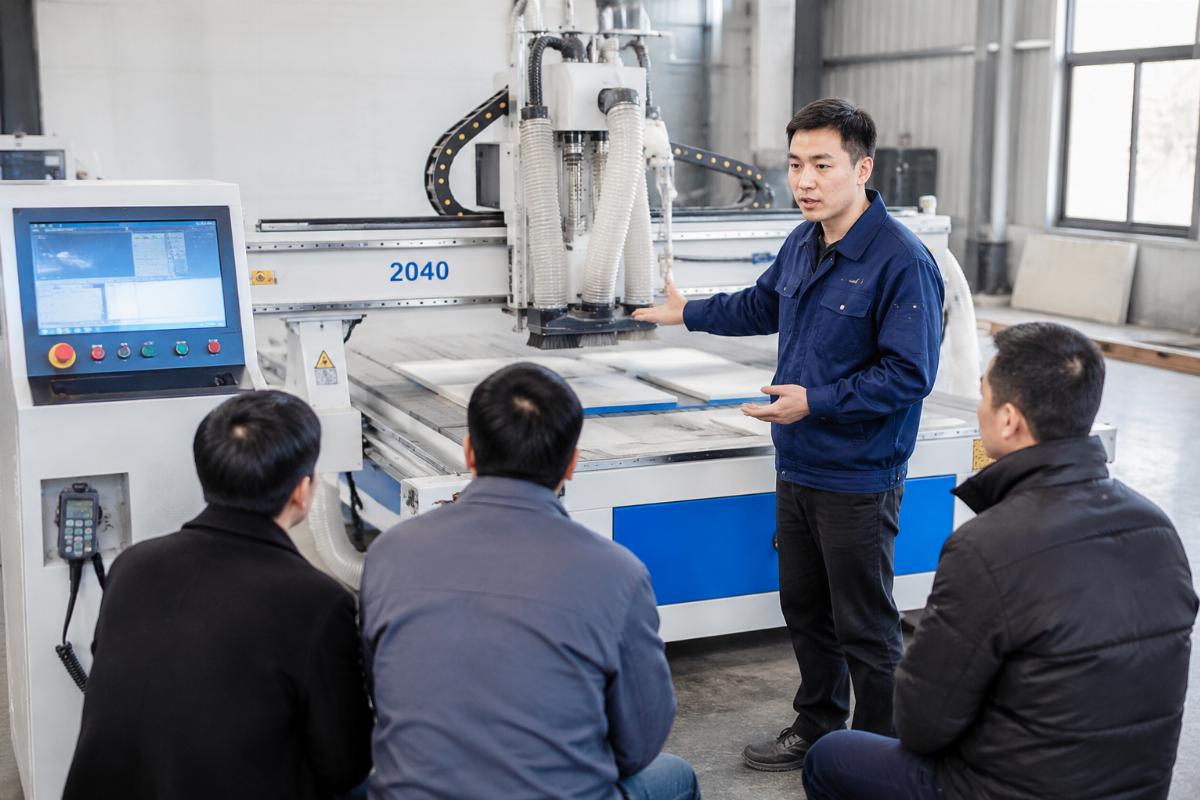 After-sales support for CNC router purchases An engineer providing on-site installation training for a 2040 CNC router