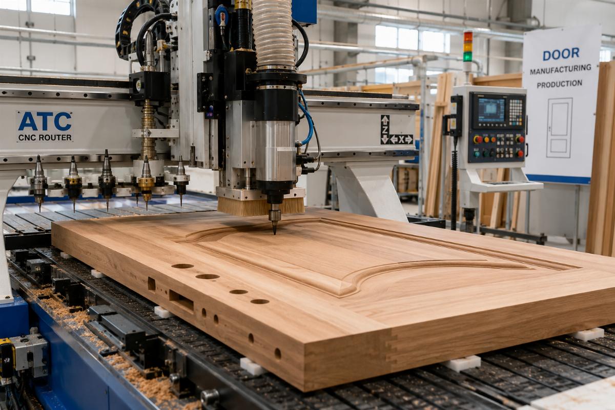 ATC door manufacturing production An ATC CNC router processing a solid wood door blank for carving and lock holes
