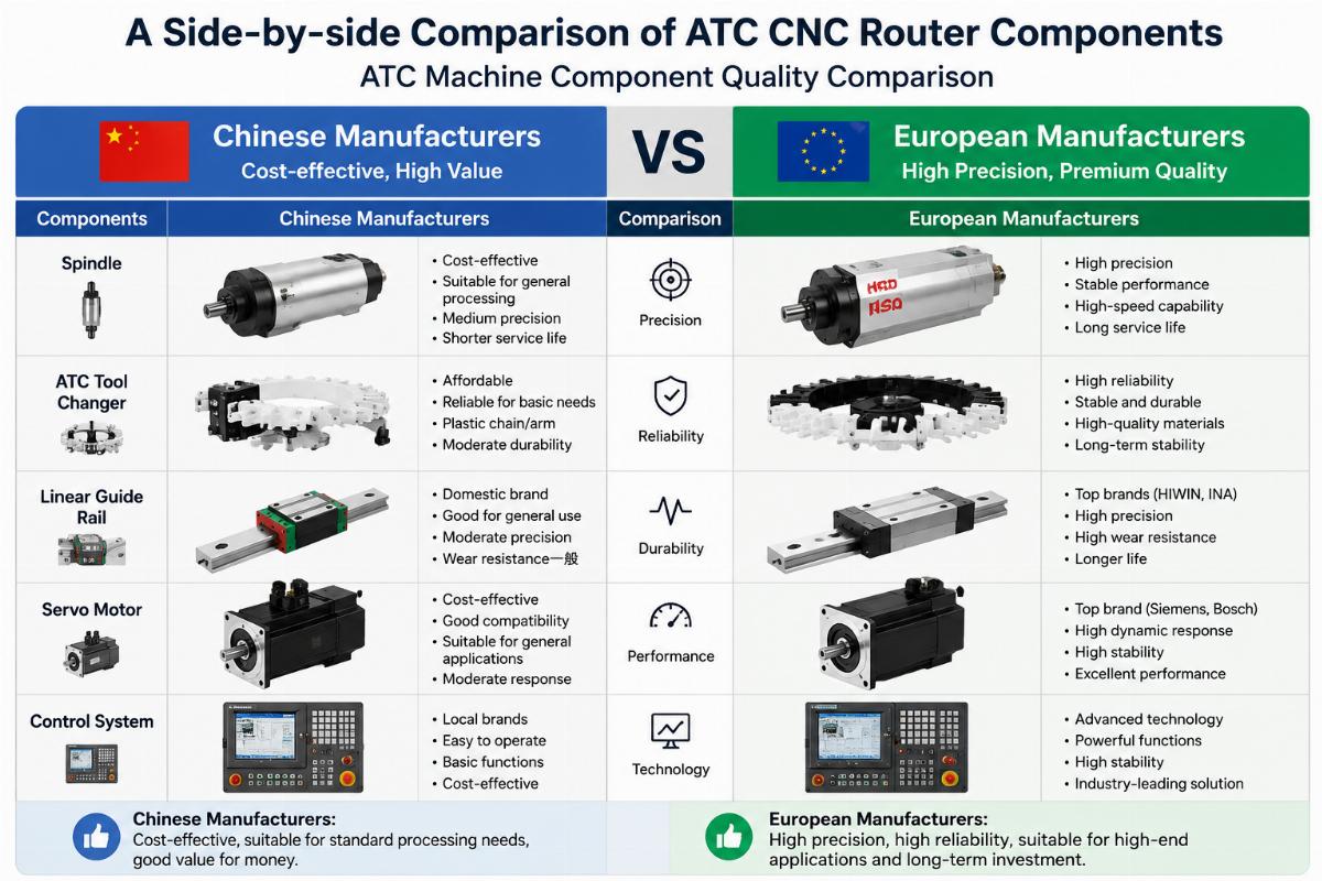 ATC machine component quality comparison A side-by-side comparison of ATC CNC router components from Chinese and European manufacturers