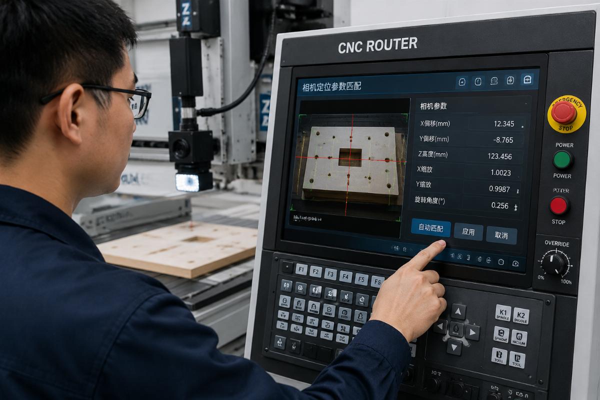 A technician adjusting camera parameters on a CNC router control panel