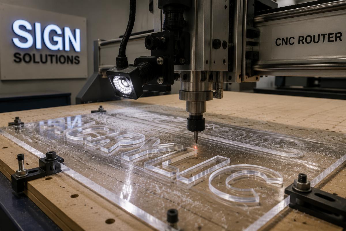 A camera positioning CNC router cutting acrylic sheets for sign production