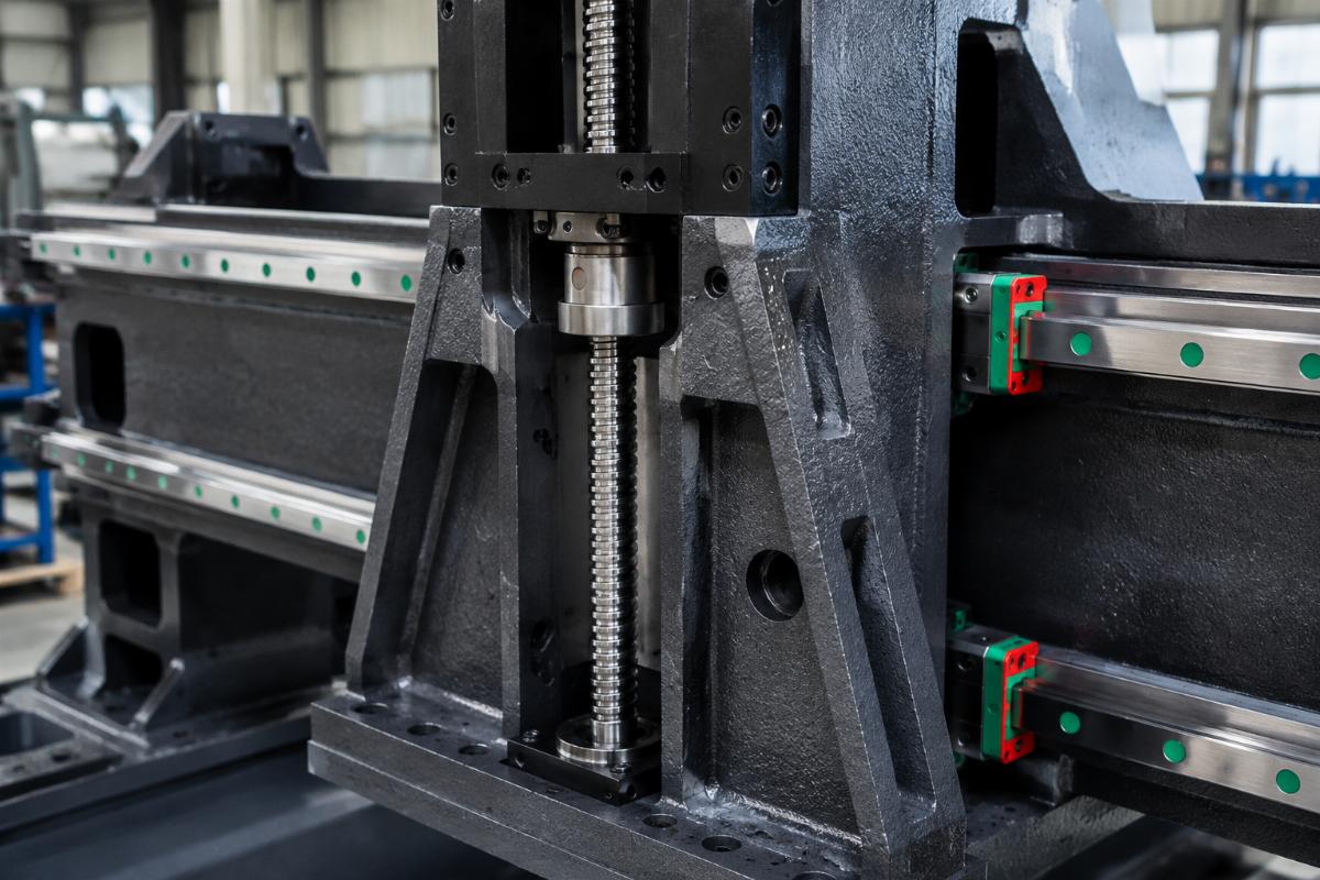 cast iron frame CNC router structural detail Close-up of cast iron frame CNC router structural components during assembly