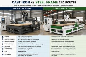Side-by-side comparison of cast iron and steel frame heavy-duty solid wood CNC routers in a production facility