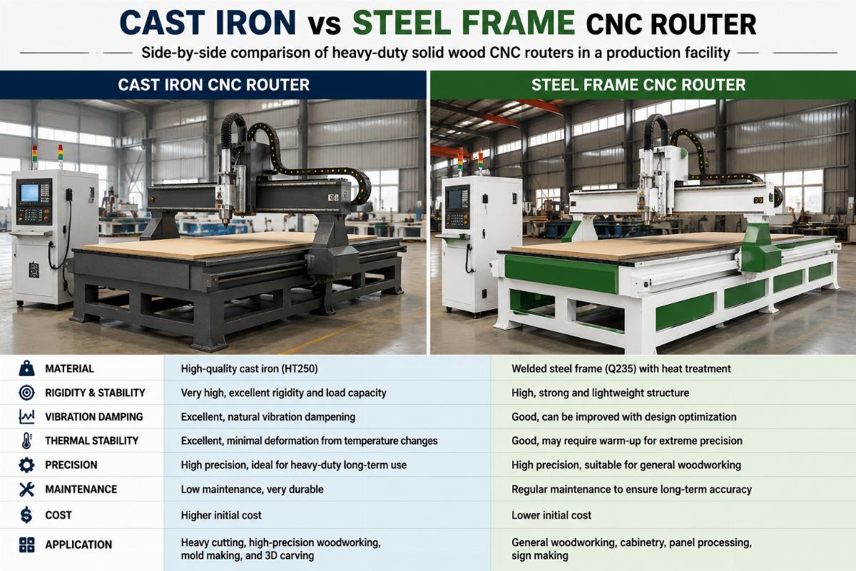 cast iron vs steel frame CNC router comparison Side-by-side comparison of cast iron and steel frame heavy-duty solid wood CNC routers in a production facility