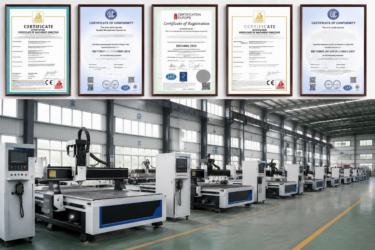 certified Chinese CNC router production facility Certification documents and production floor view of a Chinese CNC router manufacturing facility