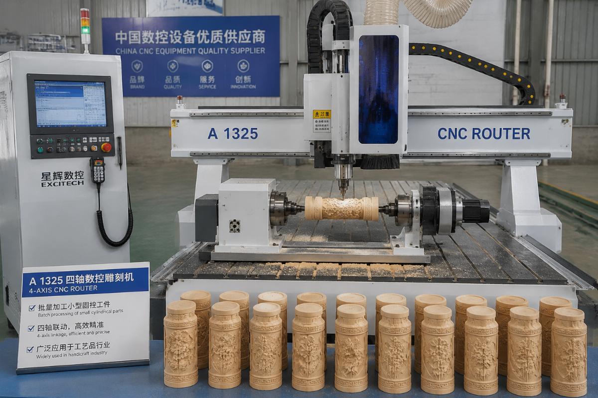 A 1325 4-axis CNC router running batch processing on small cylindrical wooden parts