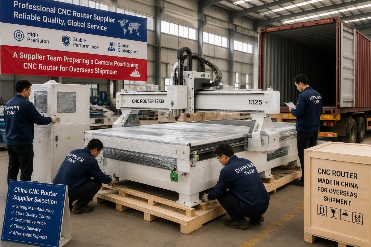 A supplier team preparing a camera positioning CNC router for overseas shipment