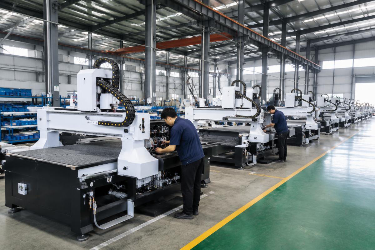 Chinese ATC CNC router manufacturing facility A production facility showing ATC CNC router assembly lines in a certified Chinese factory