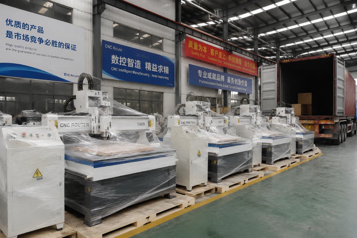 Multiple CNC routers ready for shipment from a Chinese manufacturing facility