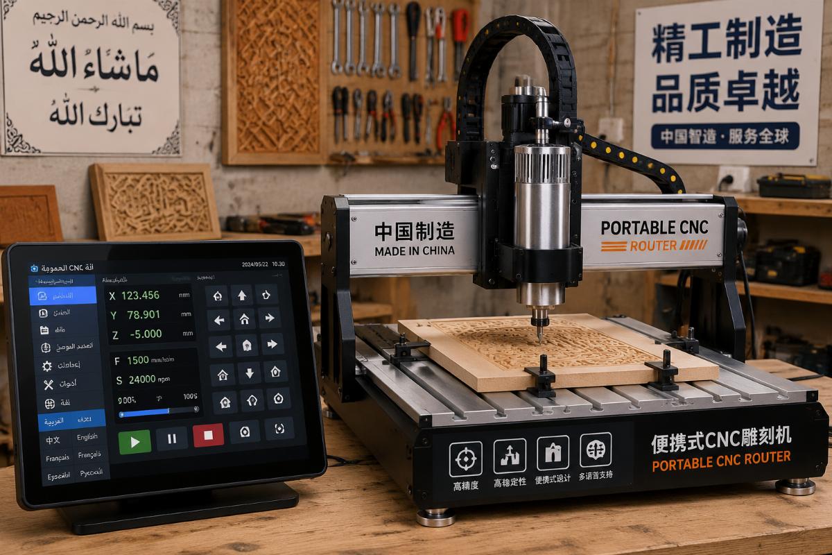 Customized portable CNC router with Arabic language control interface in a small workshop