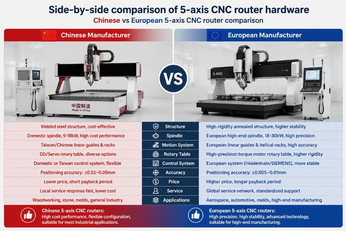 Side-by-side comparison of 5-axis CNC router hardware from Chinese and European manufacturers