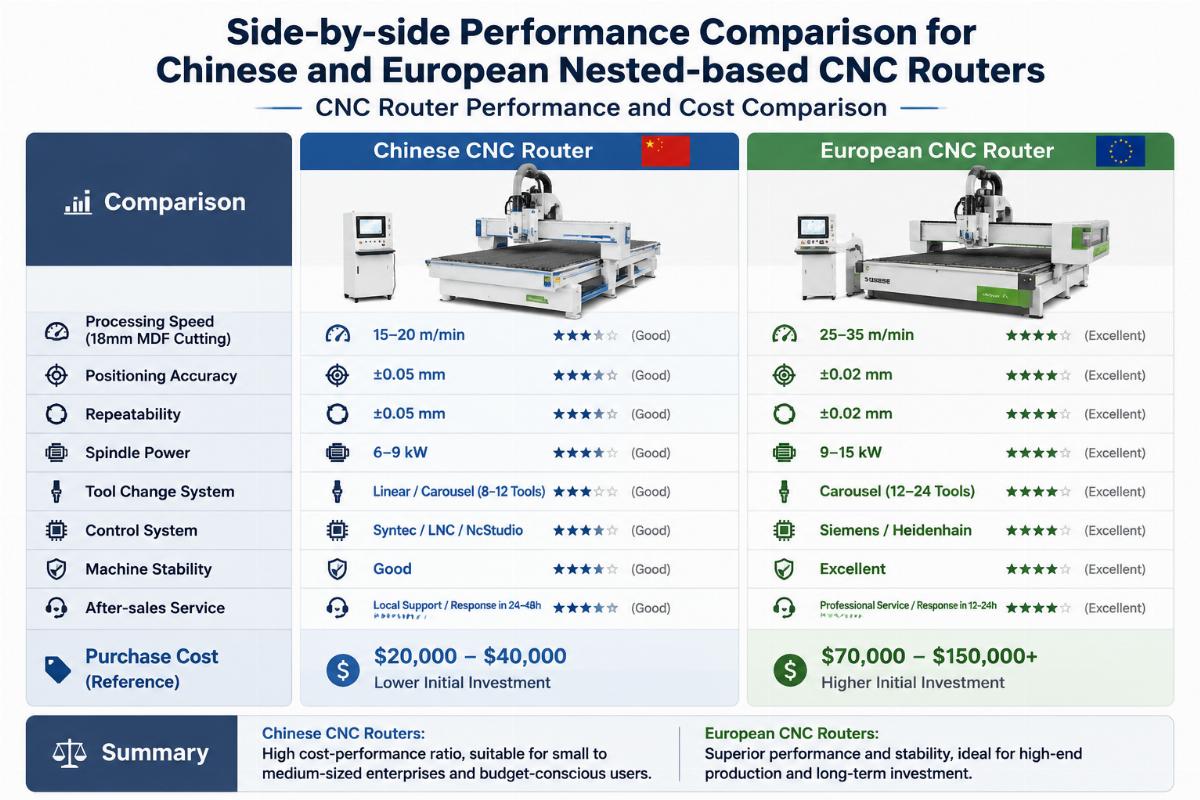 Side-by-side performance comparison chart for Chinese and European nested-based CNC routers