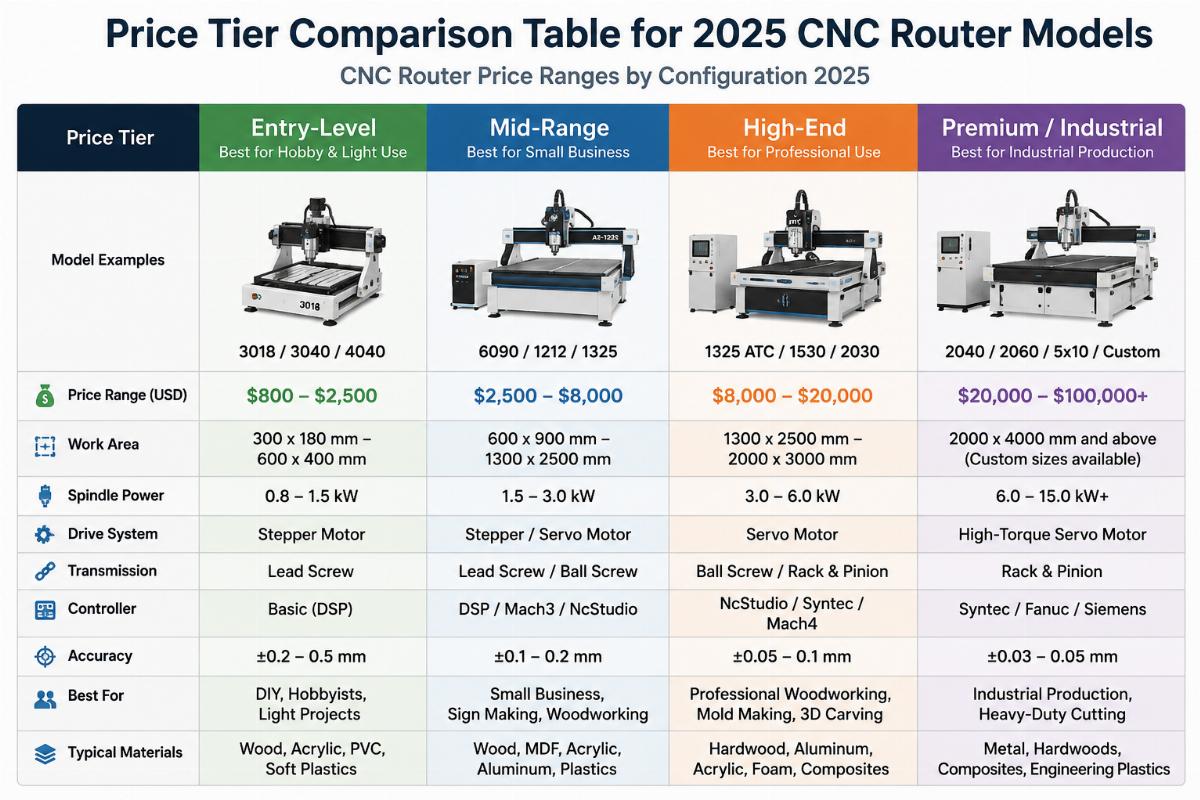 Price tier comparison table for 2025 CNC router models