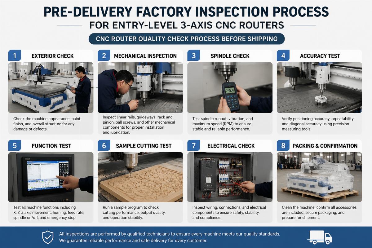 Pre-delivery factory inspection process for entry-level 3-axis CNC routers