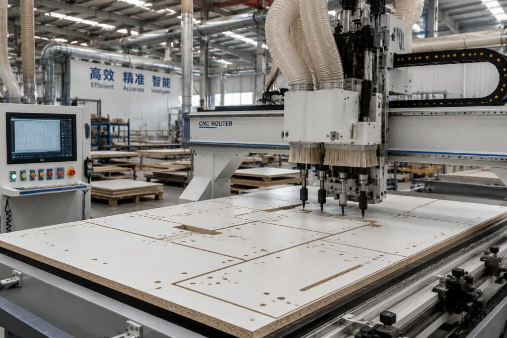 Factory floor with a CNC router running panel nesting and automatic boring operations