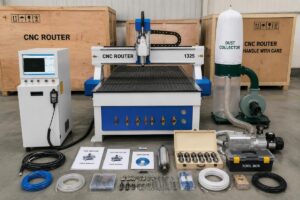 Complete package CNC router with all included components laid out for inspection before shipment