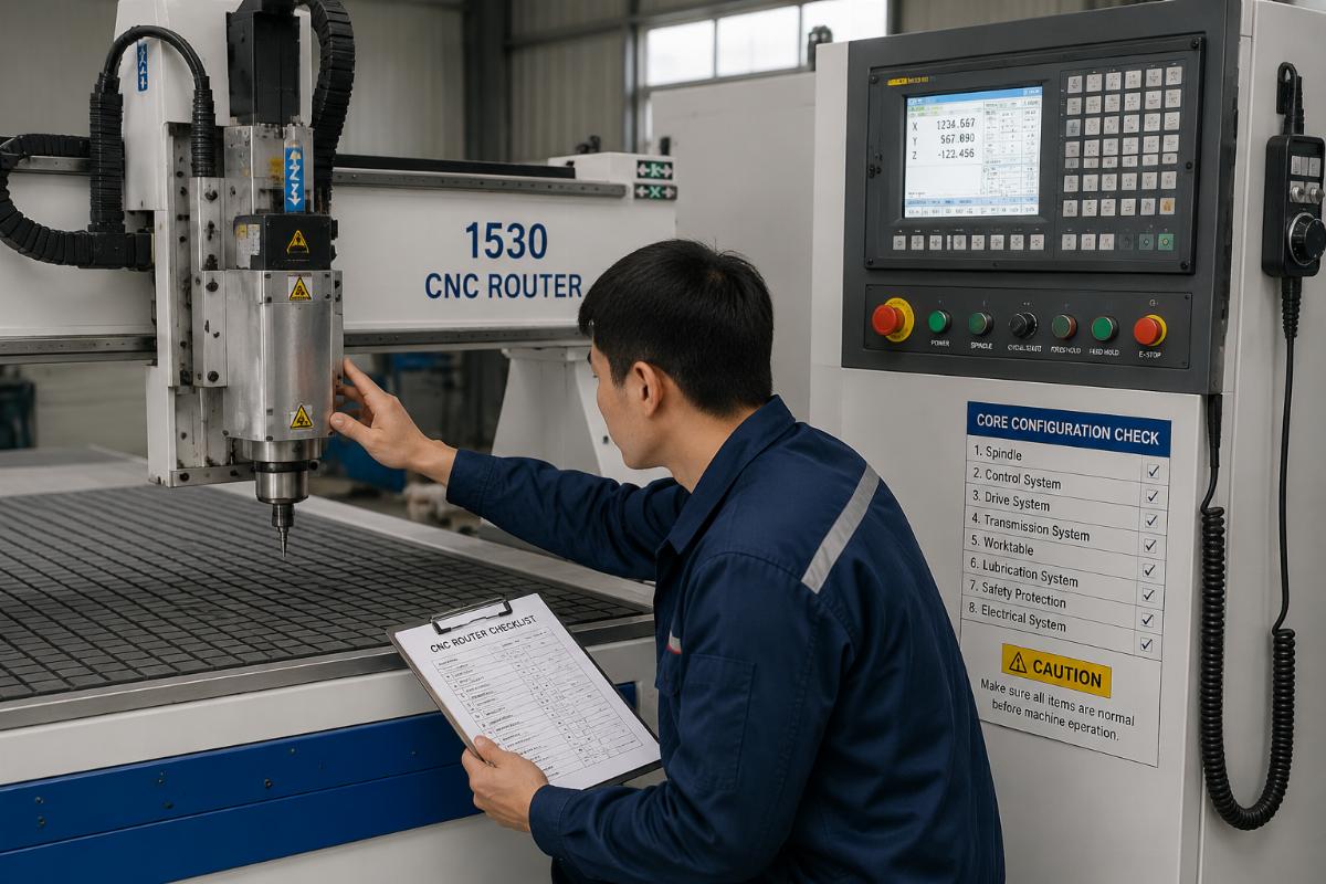Core configuration check for CNC routers A technician checking the spindle and control panel of a 1530 CNC router