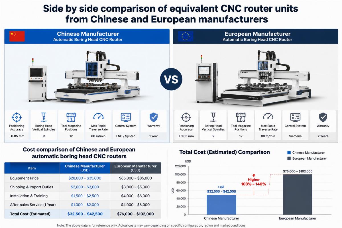 Side by side comparison of equivalent CNC router units from Chinese and European manufacturers