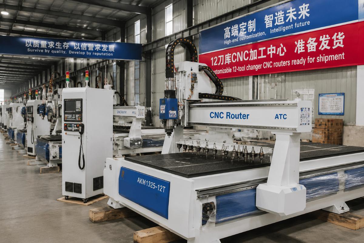Customizable 12-tool changer CNC routers ready for shipment from a Chinese manufacturing facility